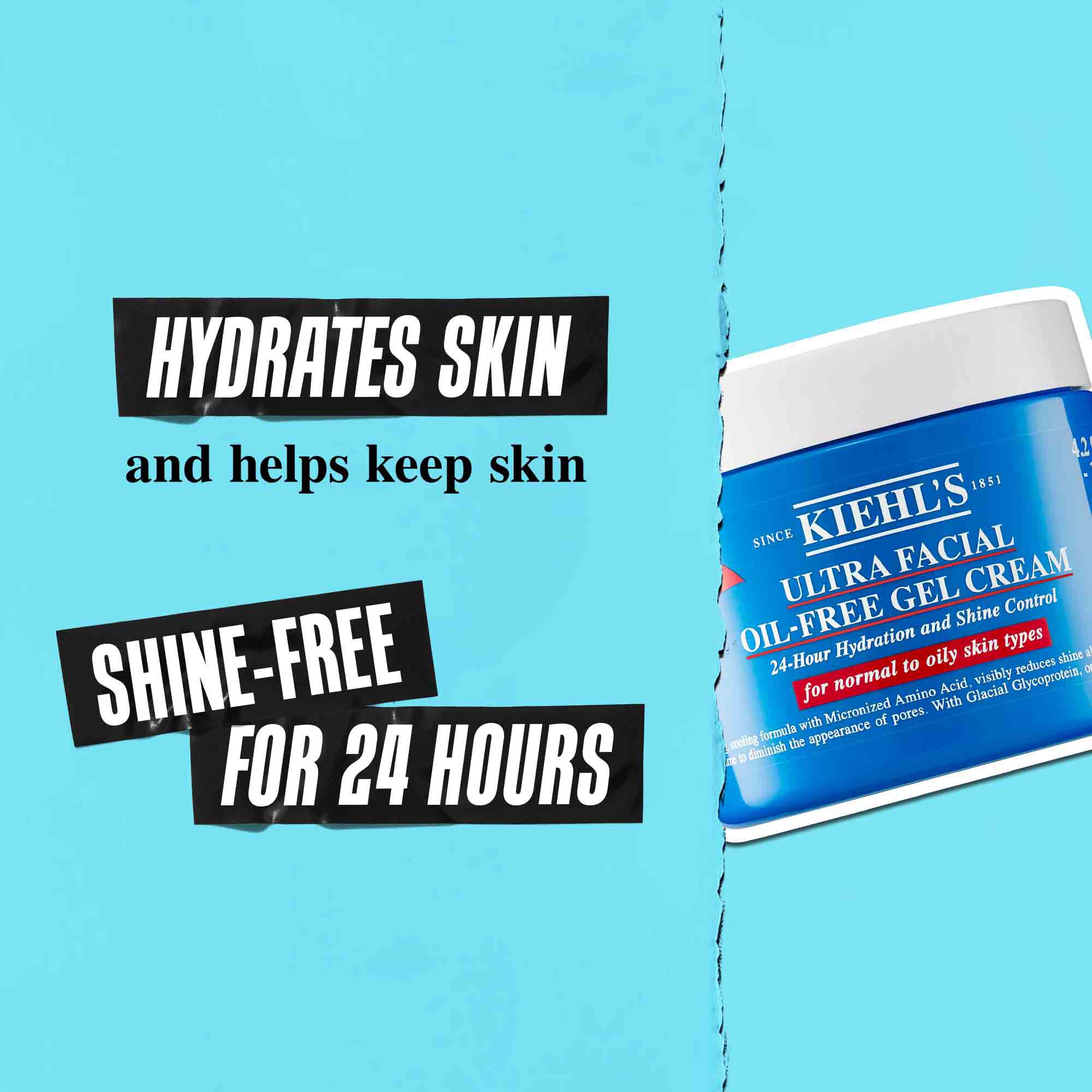 En krukke med Ultra Facial Oil-Free Gel Cream mod en blå baggrund med teksten: "Fugter huden og hjaelper med at holde huden skinnfri i 24 timer."