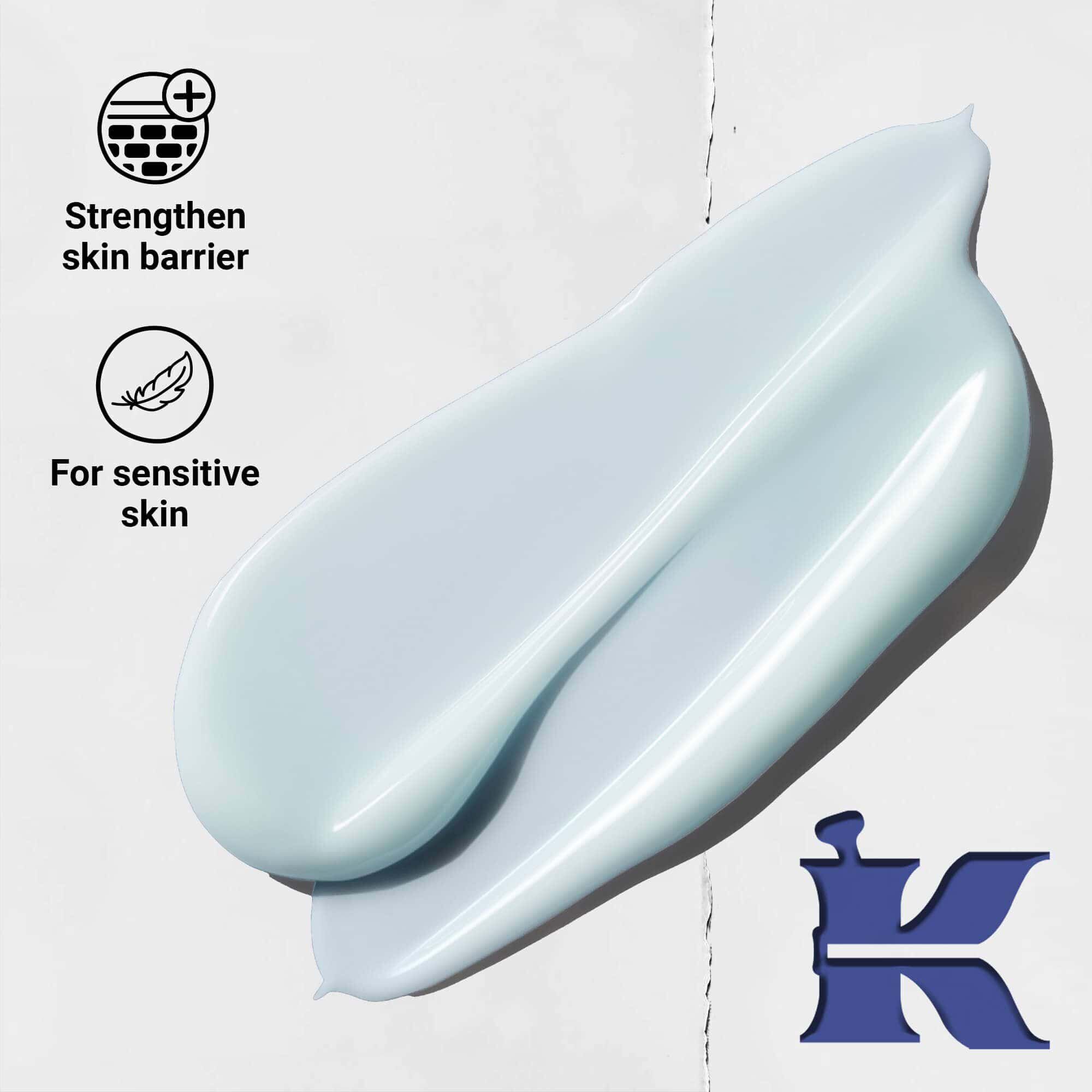 Foto af Facial Fuel-konsistens med ikoner, der angiver, at den styrker hudbarrieren og er til følsom hud
