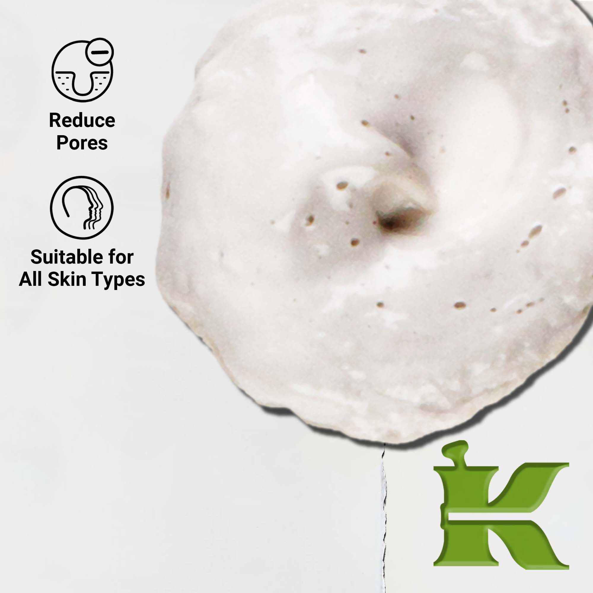 Taetbillede af Rare Earth Deep Pore Daily Cleanser-konsistens. Tekst fremhaever dens dybderensende egenskaber og egnethed til alle hudtyper.