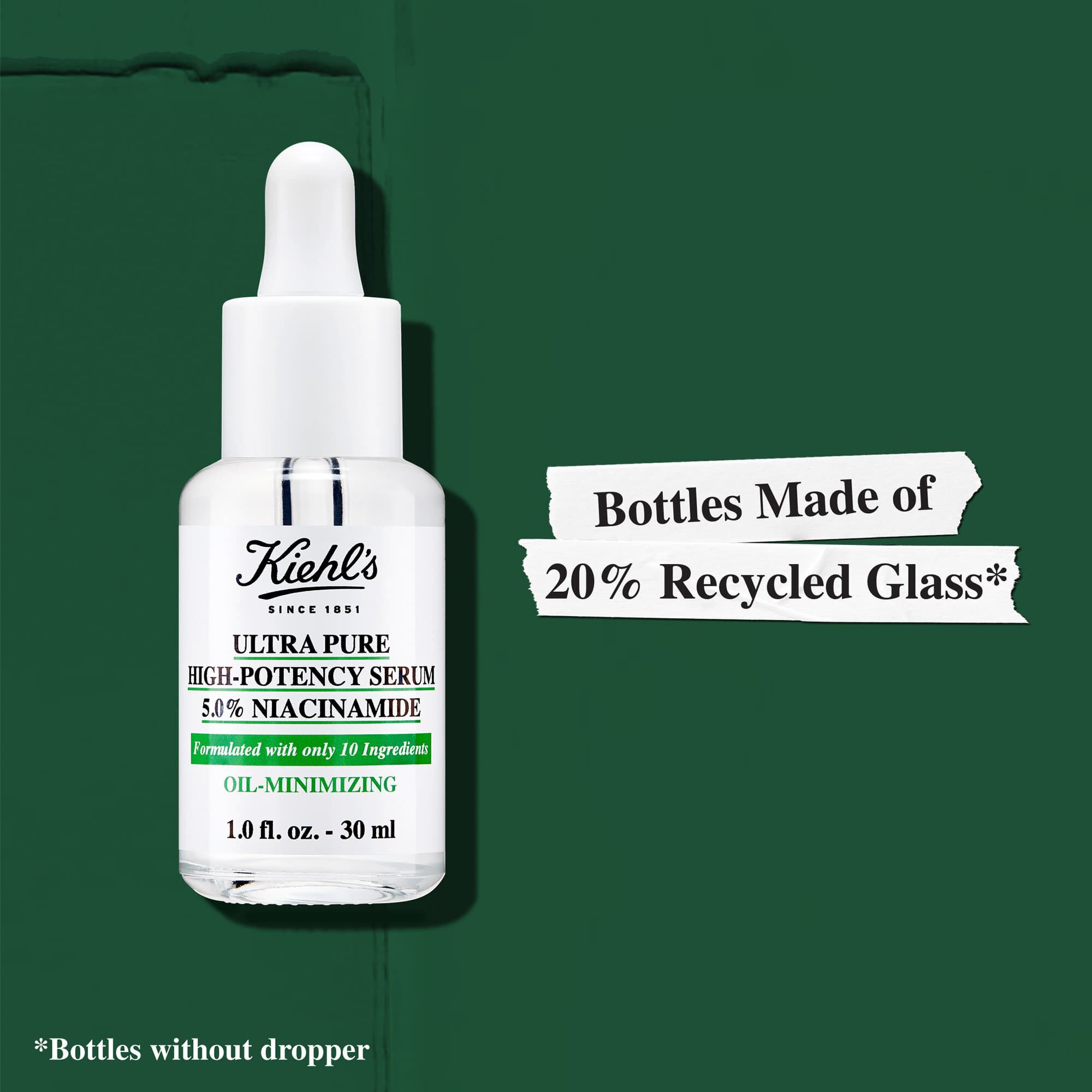 Flaskerne til Kiehl's Ultra Pure High-Potency Serum er fremstillet af 20 % genbrugsglas