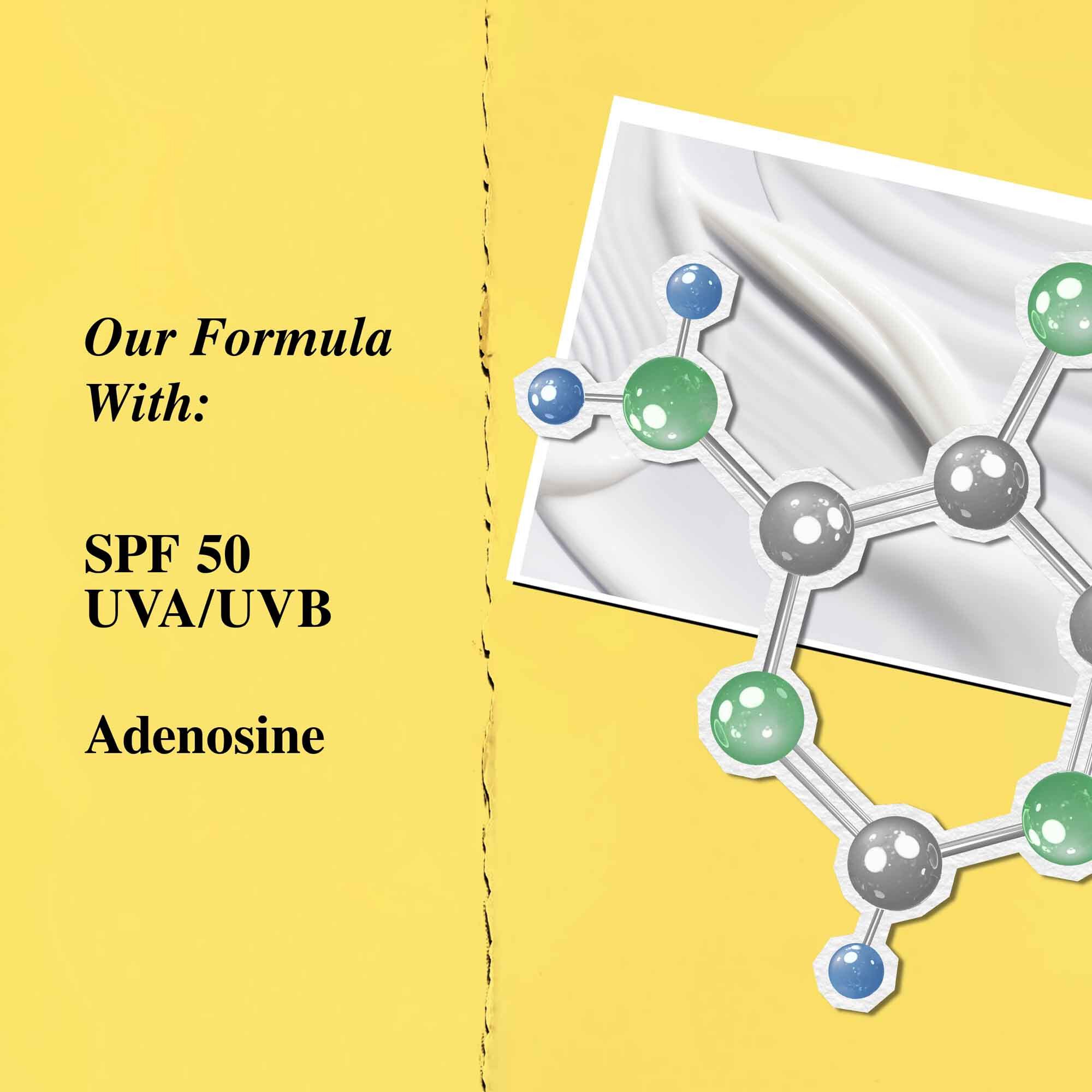 Grafik over nøgleingredienser: SPF 50 og adenosin.