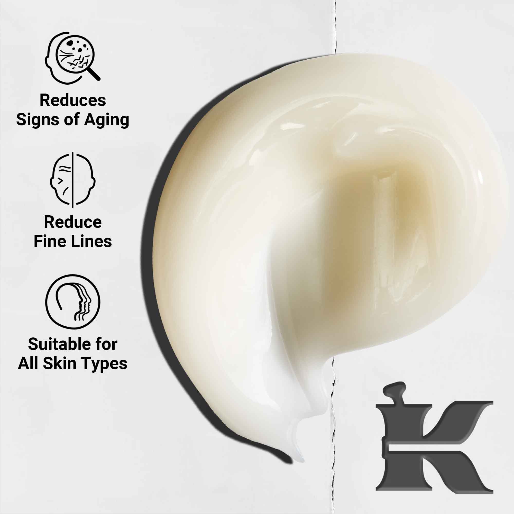 Taetbillede af Age Defender Power Serum-konsistens; fremhaever letvaegtsformlen, reducerer alderstegn og fine linjer, velegnet til alle hudtyper.