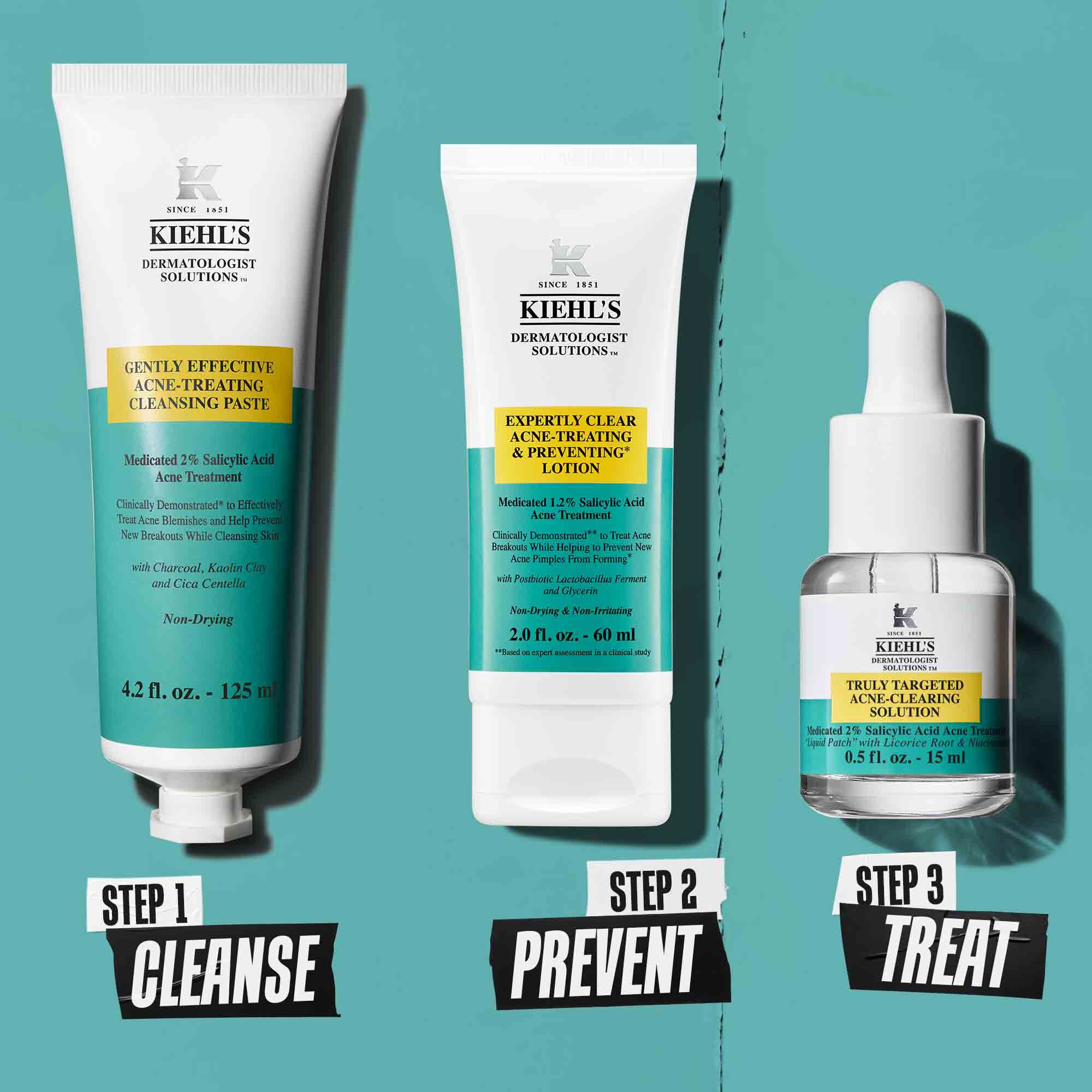 En tre-trins rutine til bekaempelse af urenheder med Kiehl's produkter. Trin 1: Blemish-Treating Cleansing Paste. Trin 2: Blemish-Treating & Preventing Lotion. Trin 3: Truly-Targeted Blemish-Clearing Solution.