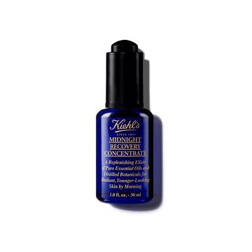 En 30 ml flaske Kiehl's Midnight Recovery Concentrate ansigtsolie mod en hvid baggrund.