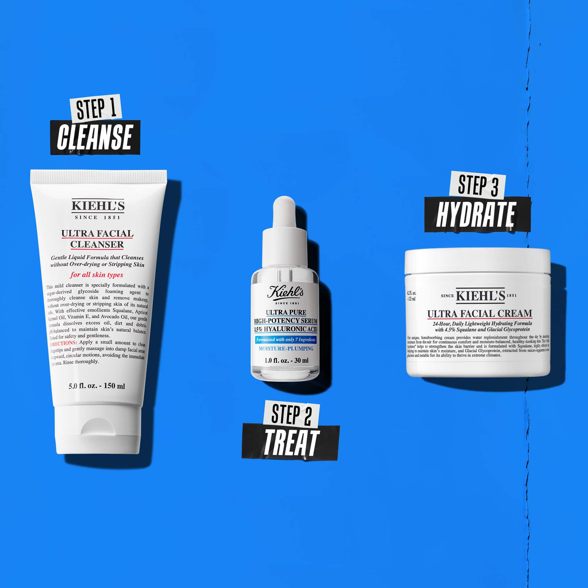 En tre-trins rutine med Kiehl's produkter. Trin 1: Ultra Facial Cleanser. Trin 2: Hyaluronsyre Serum. Trin 3: Ultra Facial Cream.