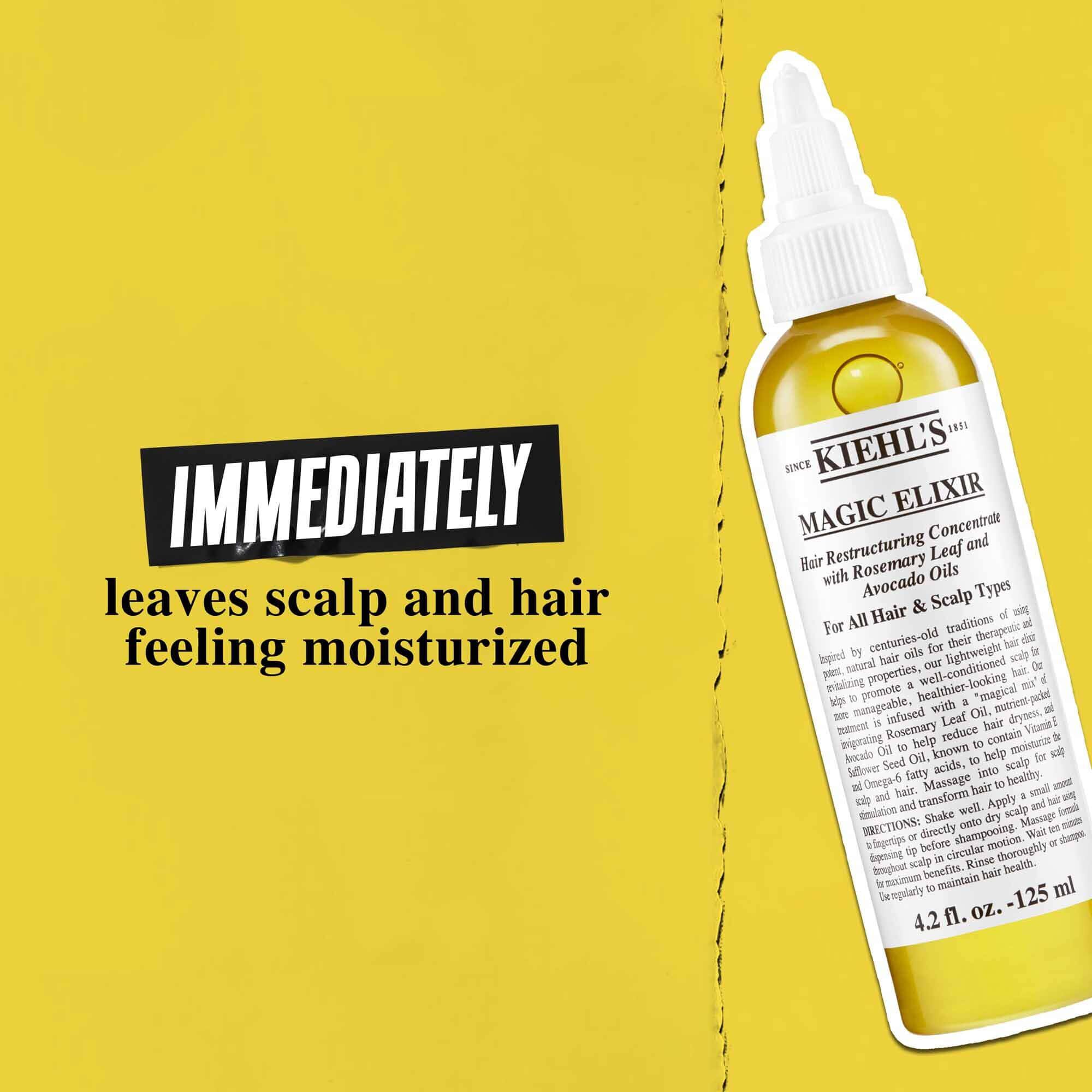 En flaske Magic Elixir Hair Oil mod en guldbaggrund med teksten: "Efterlader øjeblikkeligt hovedbund og hår fugtet."