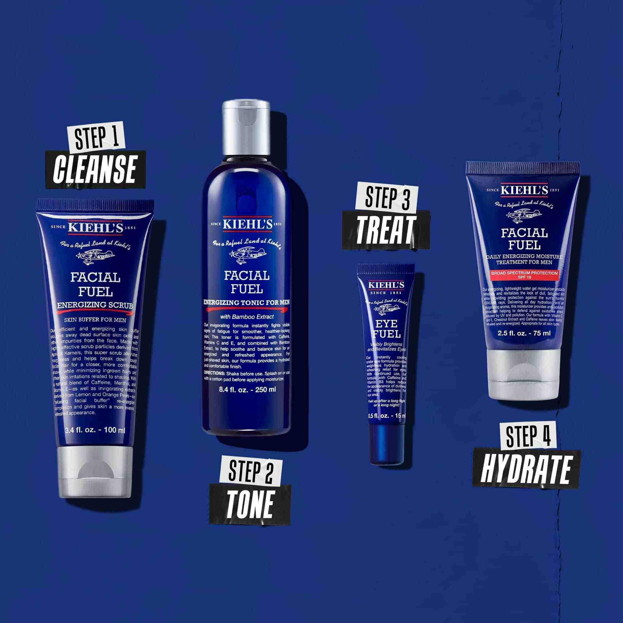 Rutine med fire produkter til rensning, skintonic, pleje og fugt.