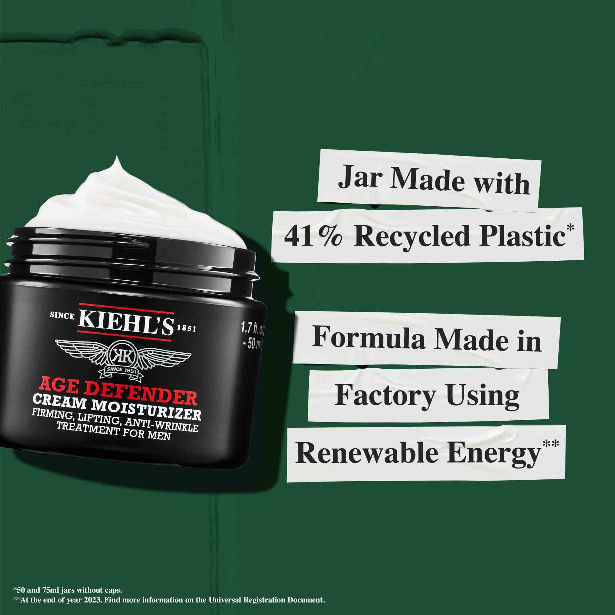 Age Defender-krukke fremstillet af 41 % genbrugsplast; formel produceret på en fabrik, der bruger vedvarende energi.