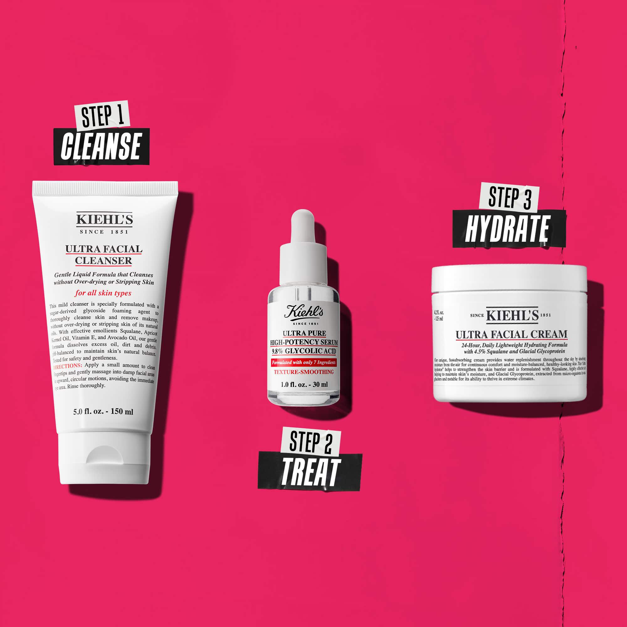 En tre-trins rutine med Kiehl's produkter. Trin 1: Ultra Facial Cleanser. Trin 2: Glykolsyre Serum. Trin 3: Ultra Facial Cream.