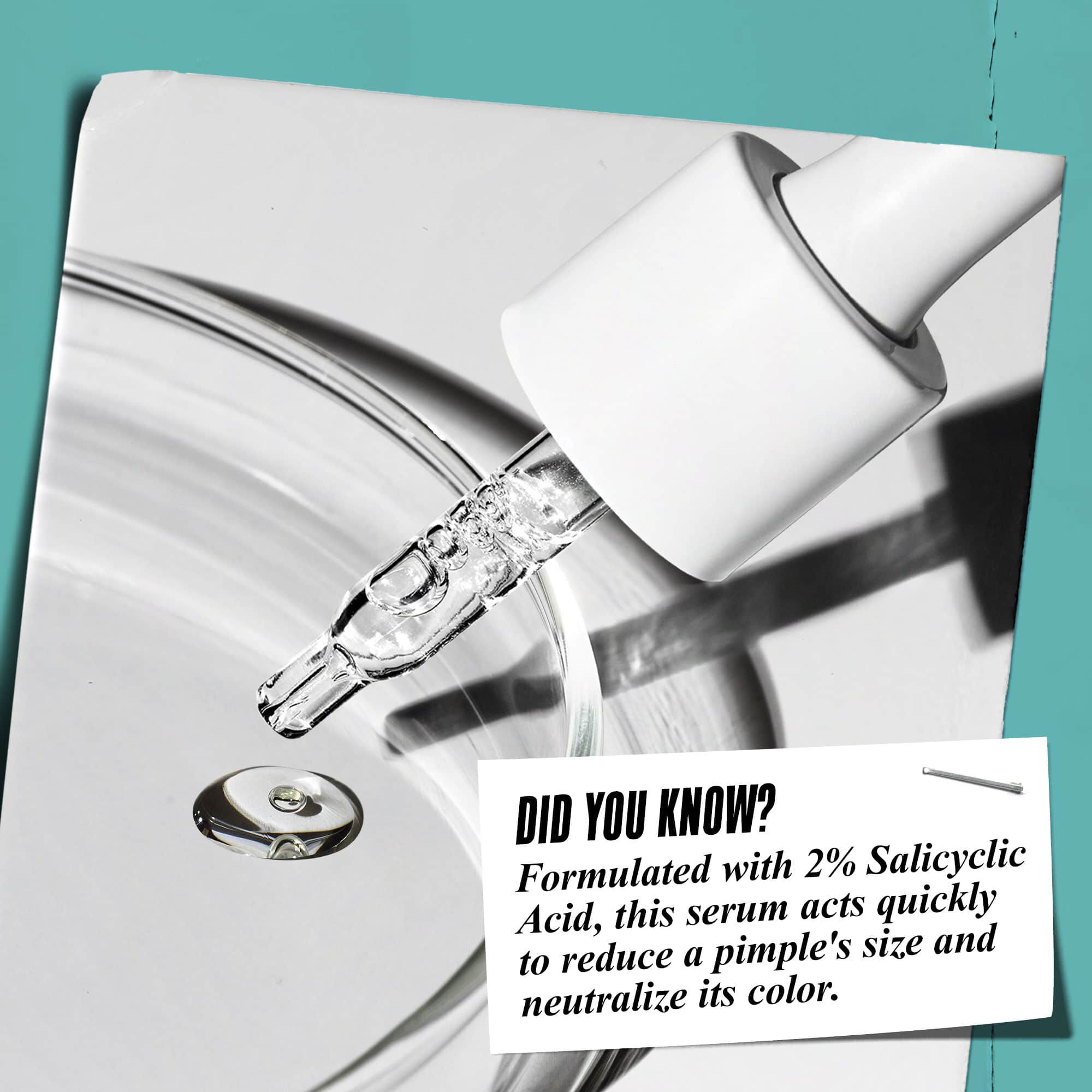 En pipette, der doserer Truly-Targeted Blemish-Clearing Solution i en glasskål med teksten "Vidste du det? Formuleret med 2% salicylsyre for at reducere bumsernes størrelse og neutralisere deres farve."