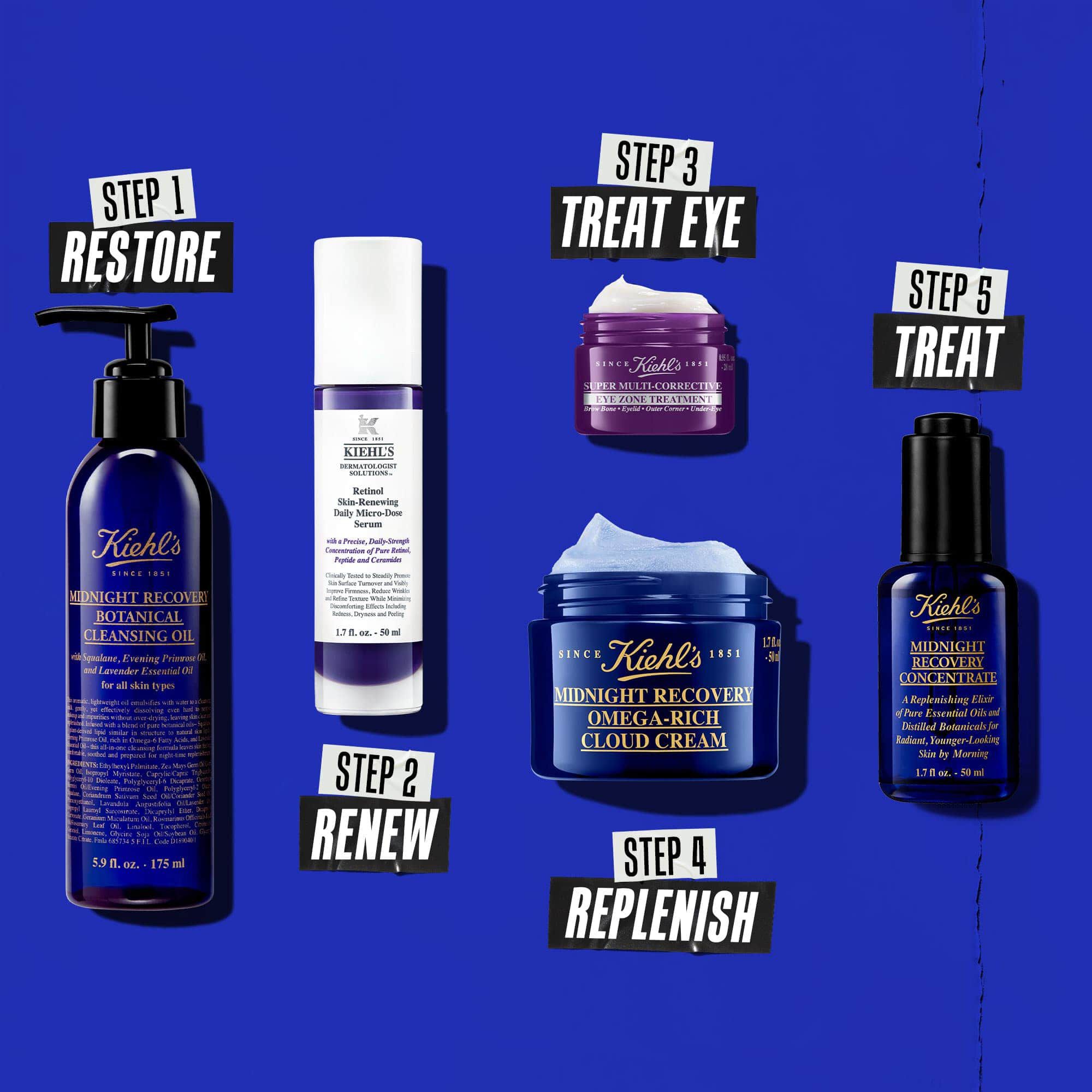 En fem-trins aftenrutine med Kiehl's produkter. Fra venstre mod højre: renseprodukt, retinolserum, øjencreme, fugtighedscreme og Midnight Recovery Concentrate.