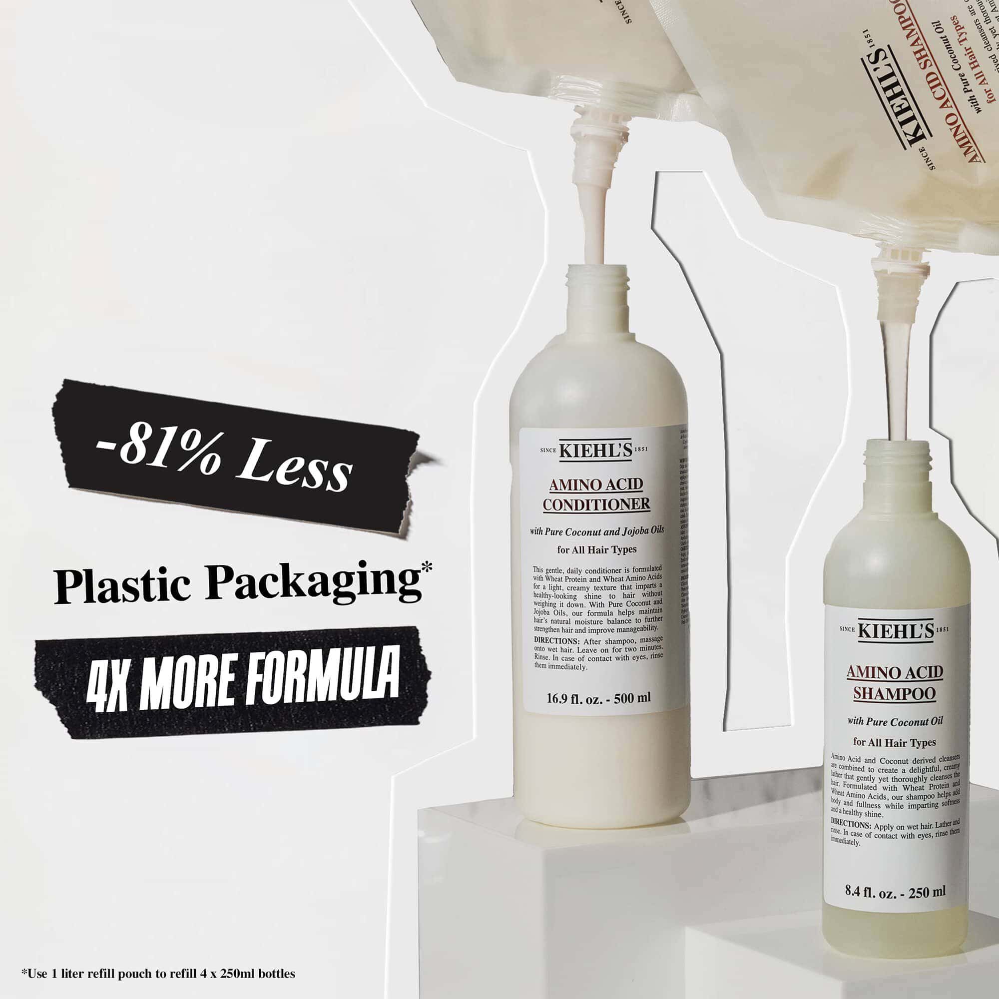 Kiehl's Amino Acid shampoo- og balsamflasker med kampagnetekst, der fremhaever 81 % mindre plastemballage og 4 gange mere formel.