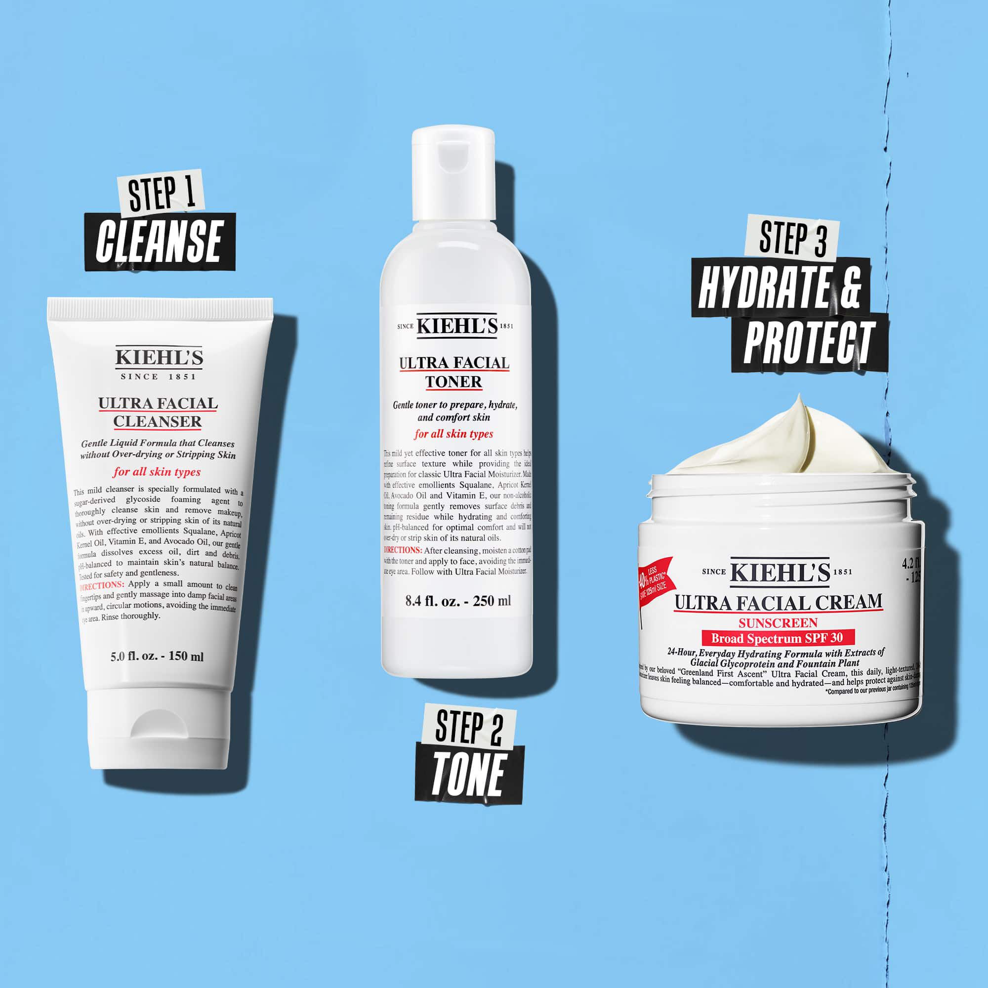 En tre-trins rutine med Kiehl's produkter. Trin 1: Ultra Facial Cleanser. Trin 2: Ultra Facial Toner. Trin 3: Ultra Facial Cream SPF 30.