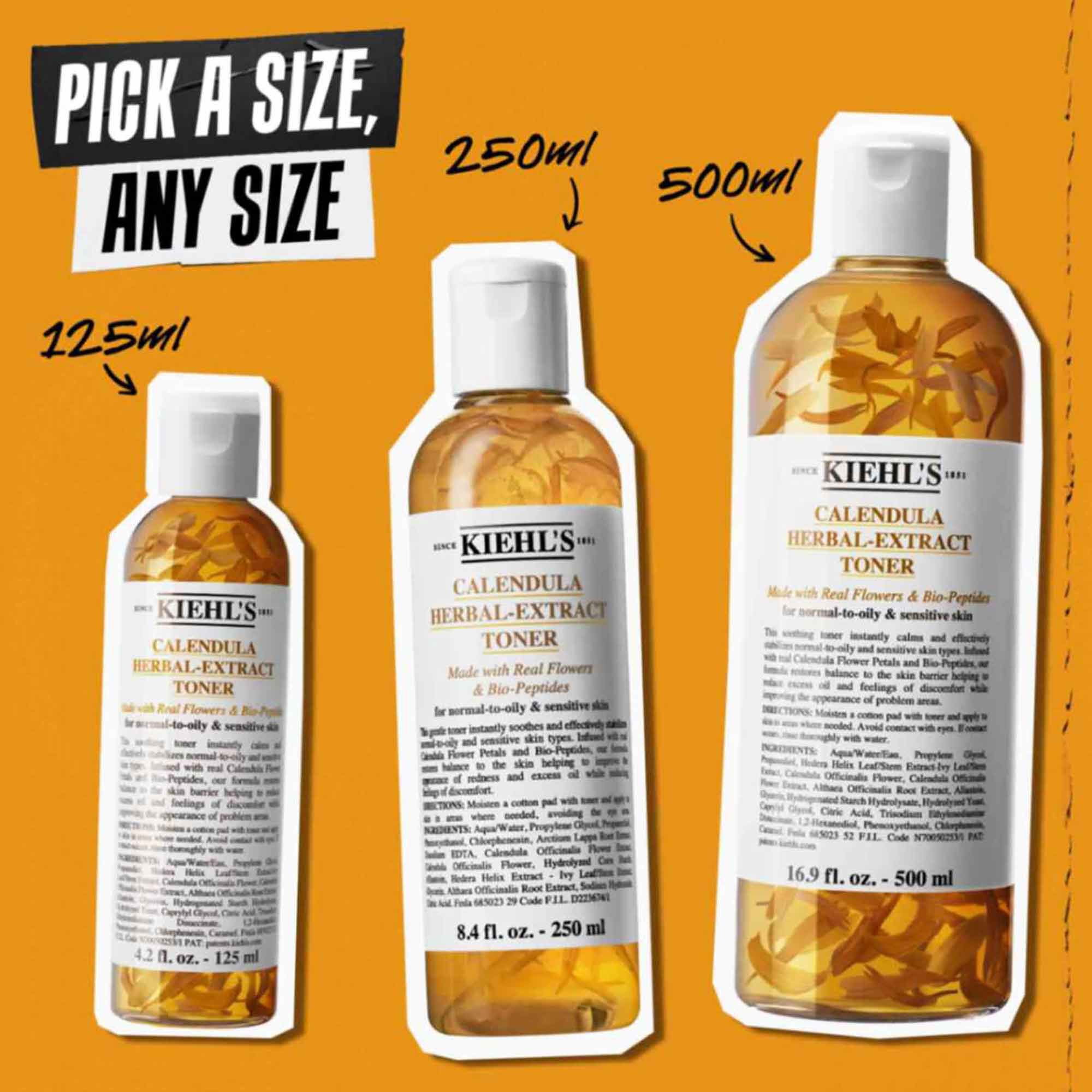 Tre flasker Calendula Herbal-Extract Toner i forskellige størrelser (125 ml, 250 ml, 500 ml) mod en orange baggrund med teksten "Vaelg en størrelse, enhver størrelse."