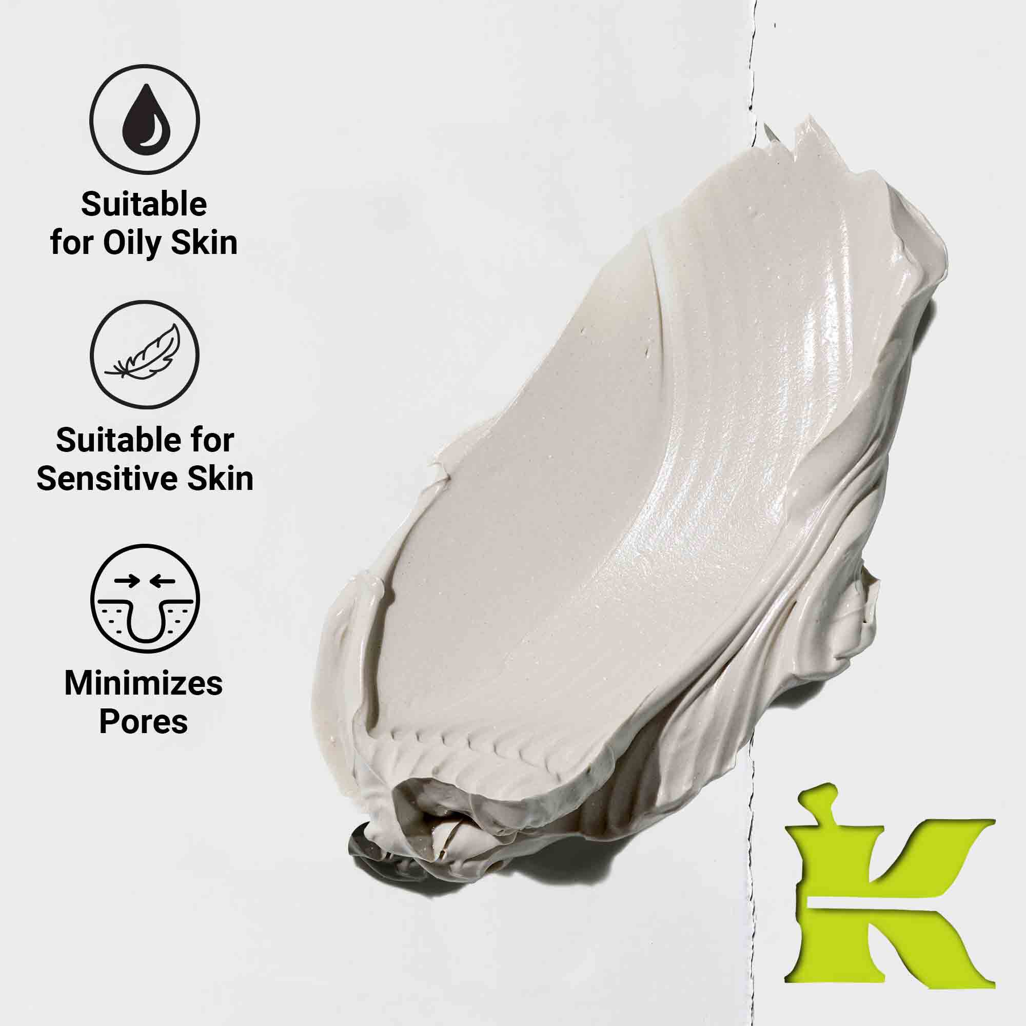 Foto af konsistens med ikoner, der angiver, at den reducerer porer, indeholder naturlige ingredienser og er til alle hudtyper