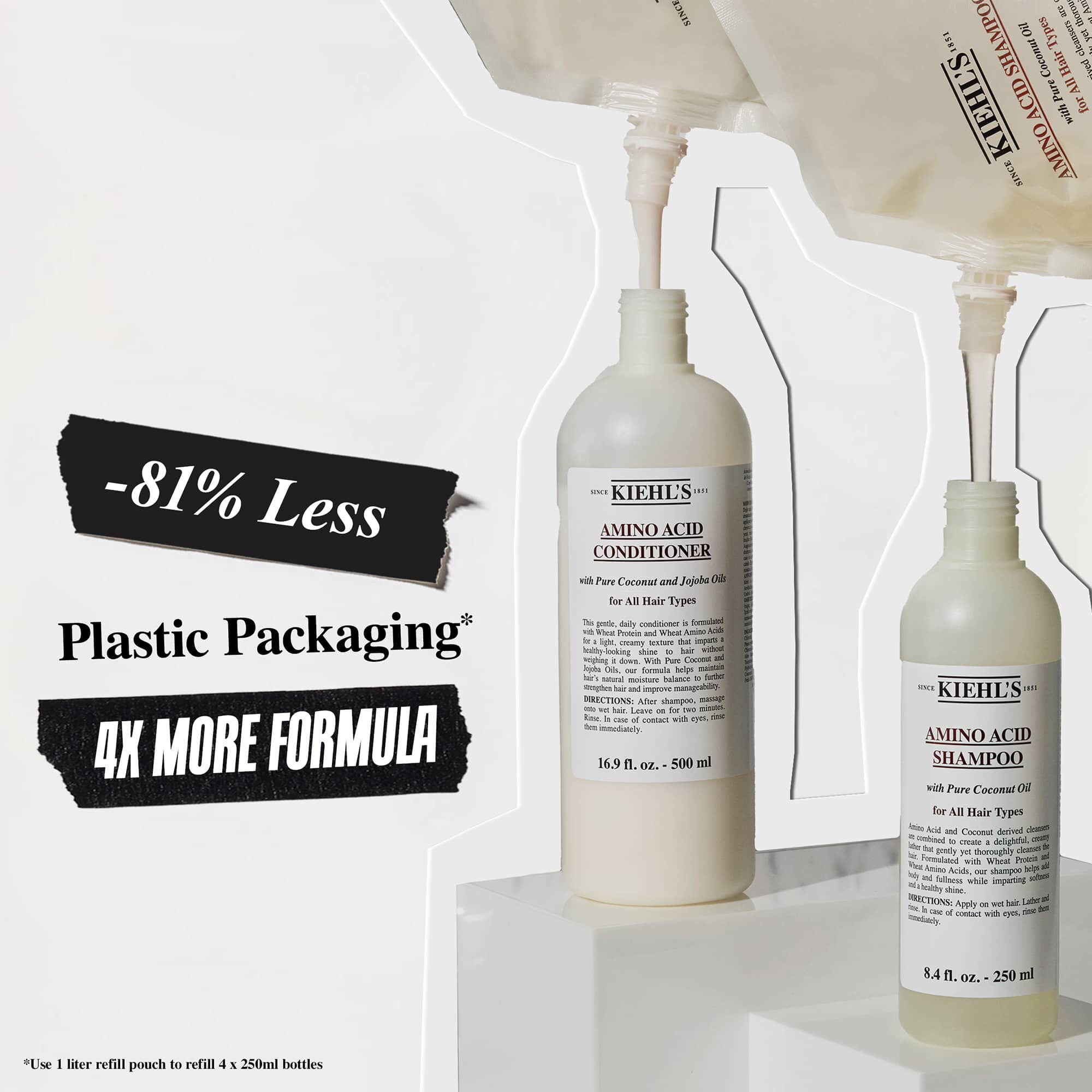 Kiehl's Amino Acid shampoo- og balsamflasker med kampagnetekst, der fremhaever 81 % mindre plastemballage og 4 gange mere formel.