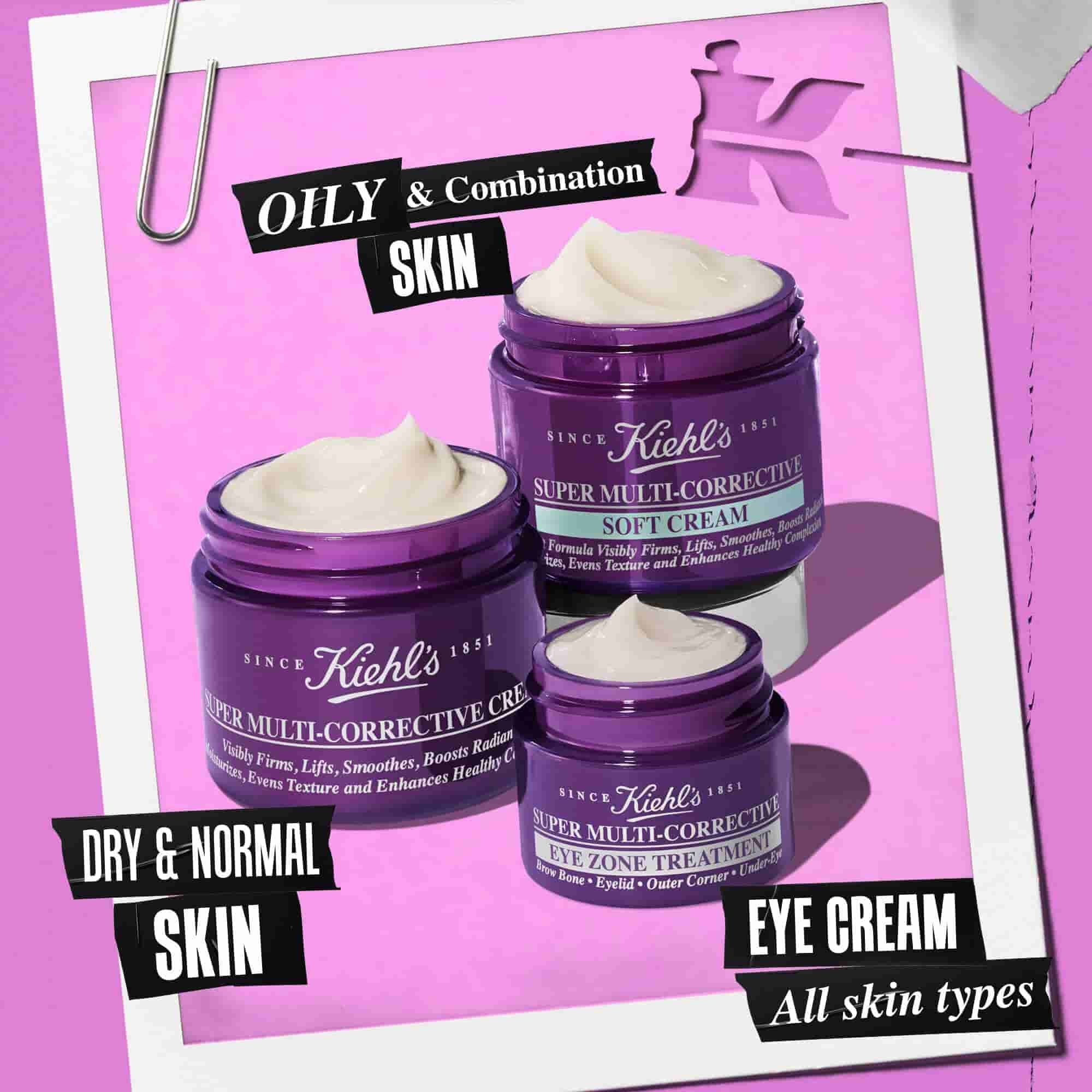 3 åbne krukker fra Super Multi-Corrective-produktserien – Cream, Soft Cream, Eye Zone Treatment