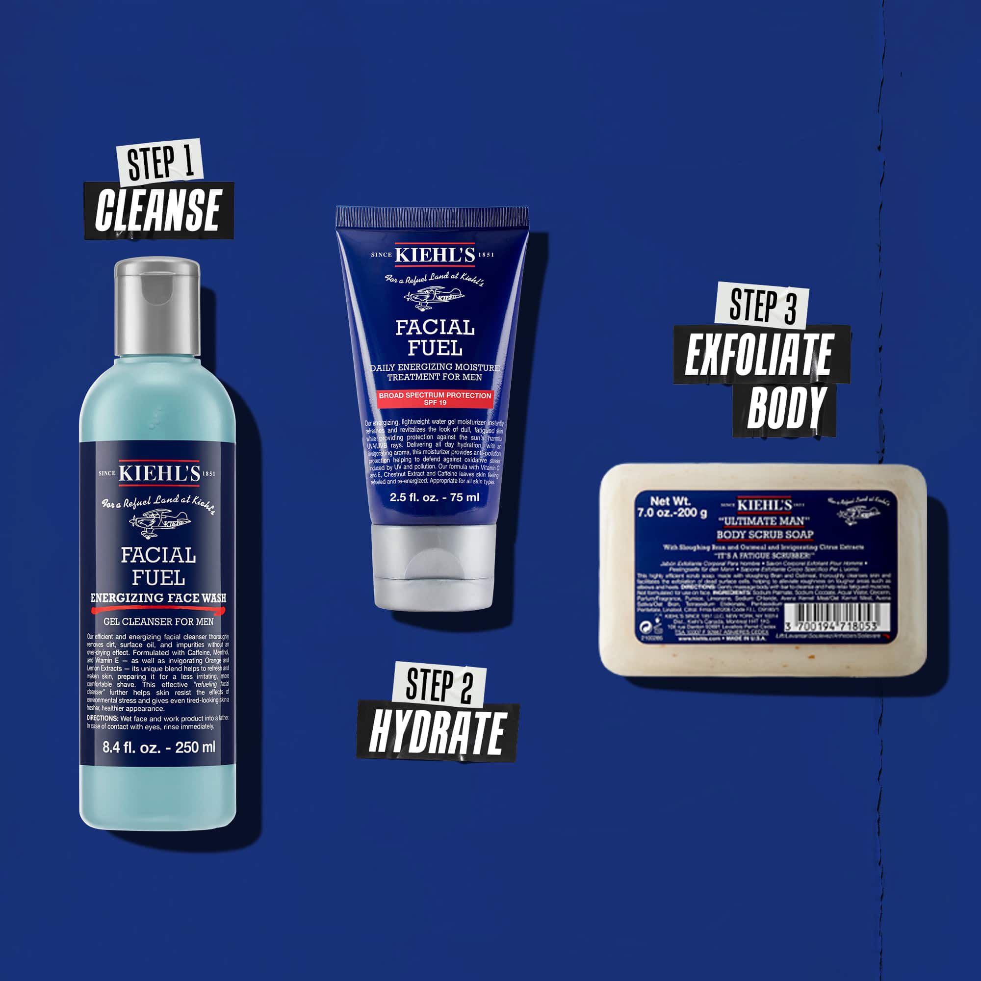 Tre Kiehl's produkter, der repraesenterer en rutine. Fra venstre mod højre: Facial Fuel Cleanser, Facial Fuel Moisturizer og Ultimate Man Body Scrub Soap.