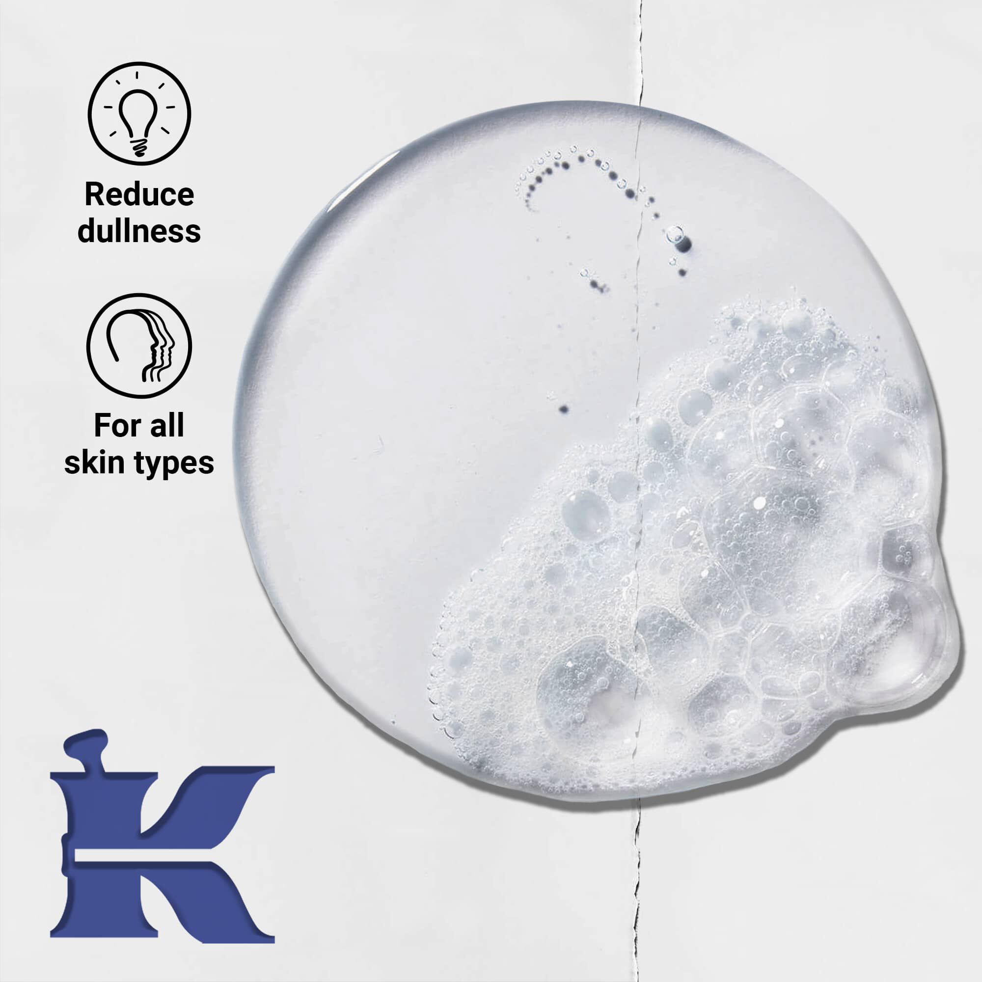 Foto af Facial Fuel-konsistens med ikoner, der angiver, at den modvirker trist hud og er til alle hudtyper