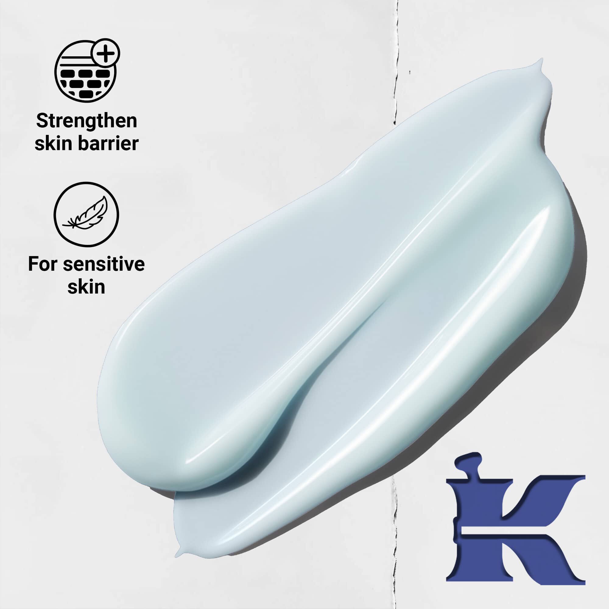 Foto af Facial Fuel-konsistens med ikoner, der angiver, at den styrker hudbarrieren og er til følsom hud