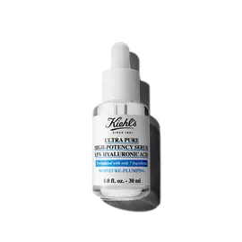 En 30 ml flaske Kiehl's Ultra Pure 1.5% Hyaluronic Acid Serum mod en hvid baggrund.