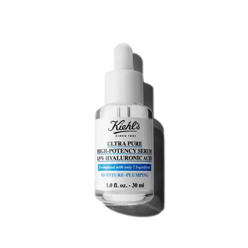 En 30 ml flaske Kiehl's Ultra Pure 1.5% Hyaluronic Acid Serum mod en hvid baggrund.