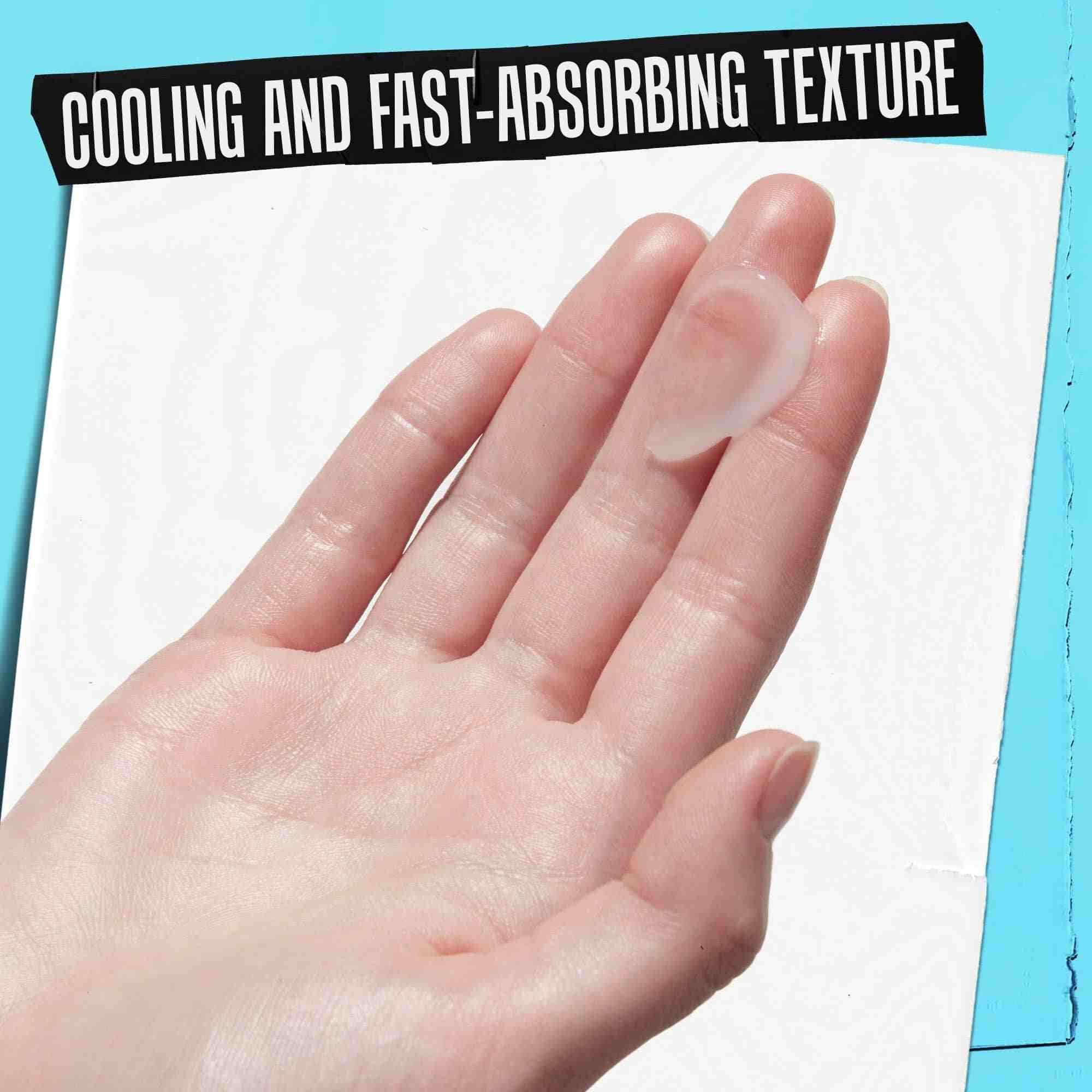 En hånd, der påfører Ultra Facial Oil-Free Gel Cream SPF 30 med tekst, der fremhaever dens kølende og hurtigt absorberende konsistens.