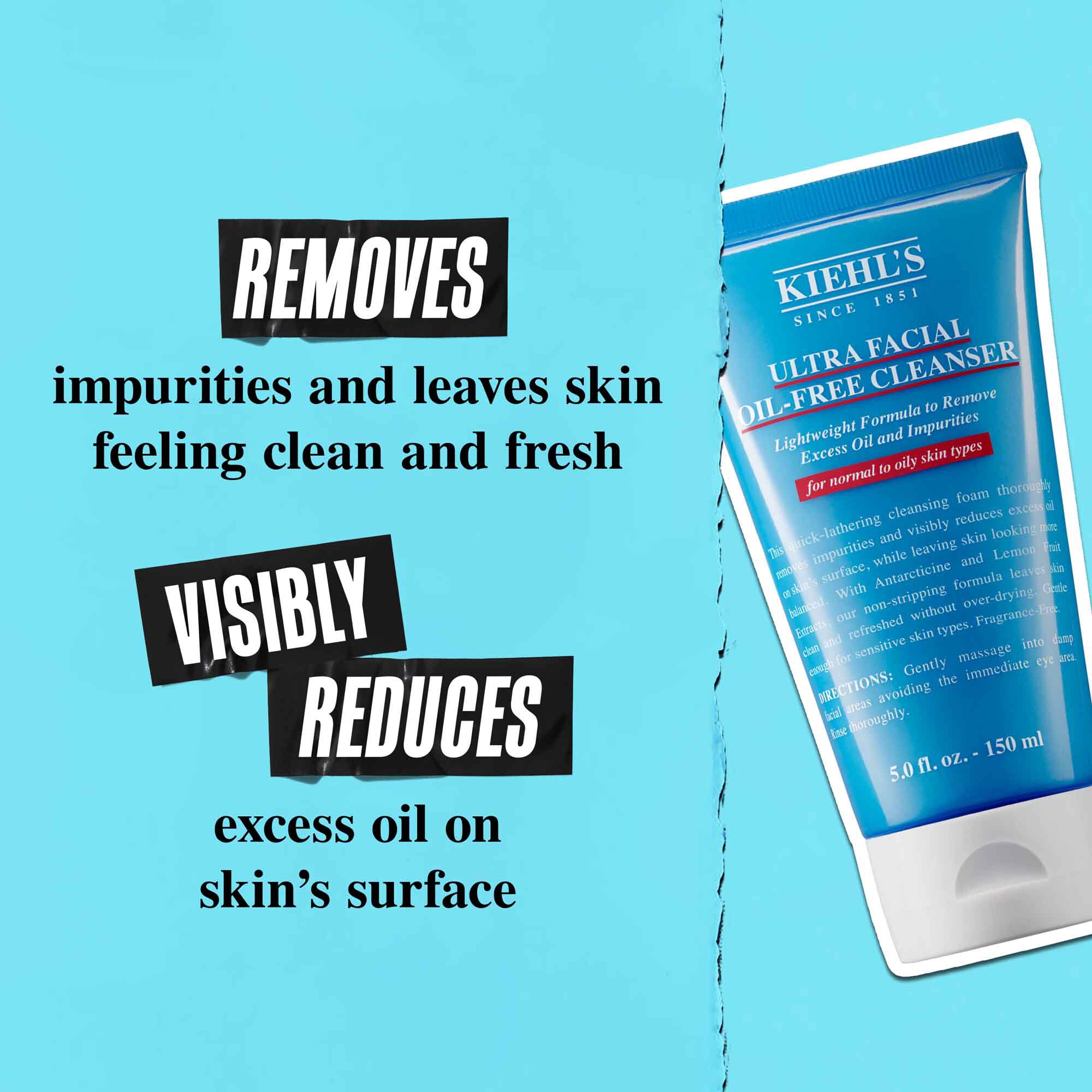 En tube Ultra Facial Oil-Free Cleanser mod en blå baggrund med teksten "Fjerner olie og efterlader huden synligt reduceret for overskydende olie på hudens overflade."