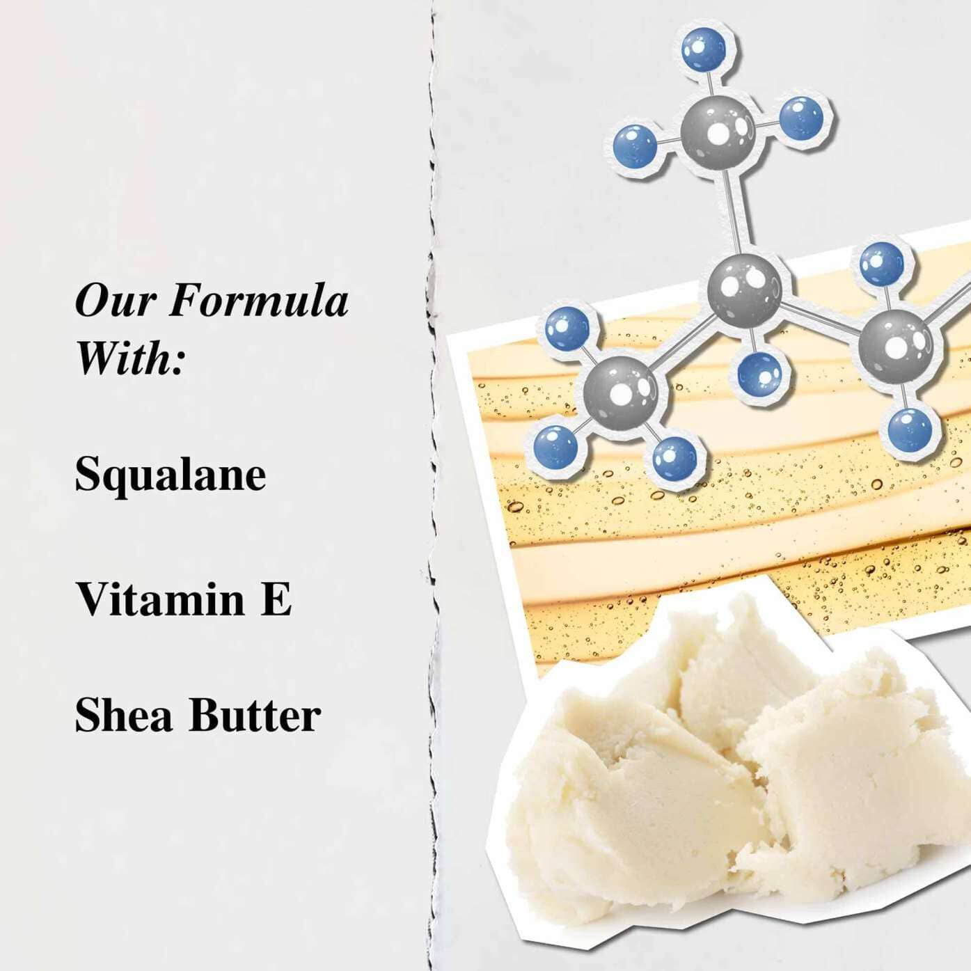 En grafik, der fremhaever nøgleingredienserne i Lip Balm #1: Sheasmør, Squalane og E-vitamin.