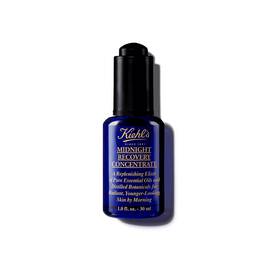 En 30 ml flaske Kiehl's Midnight Recovery Concentrate ansigtsolie mod en hvid baggrund.