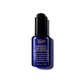 En 30 ml flaske Kiehl's Midnight Recovery Concentrate ansigtsolie mod en hvid baggrund.
