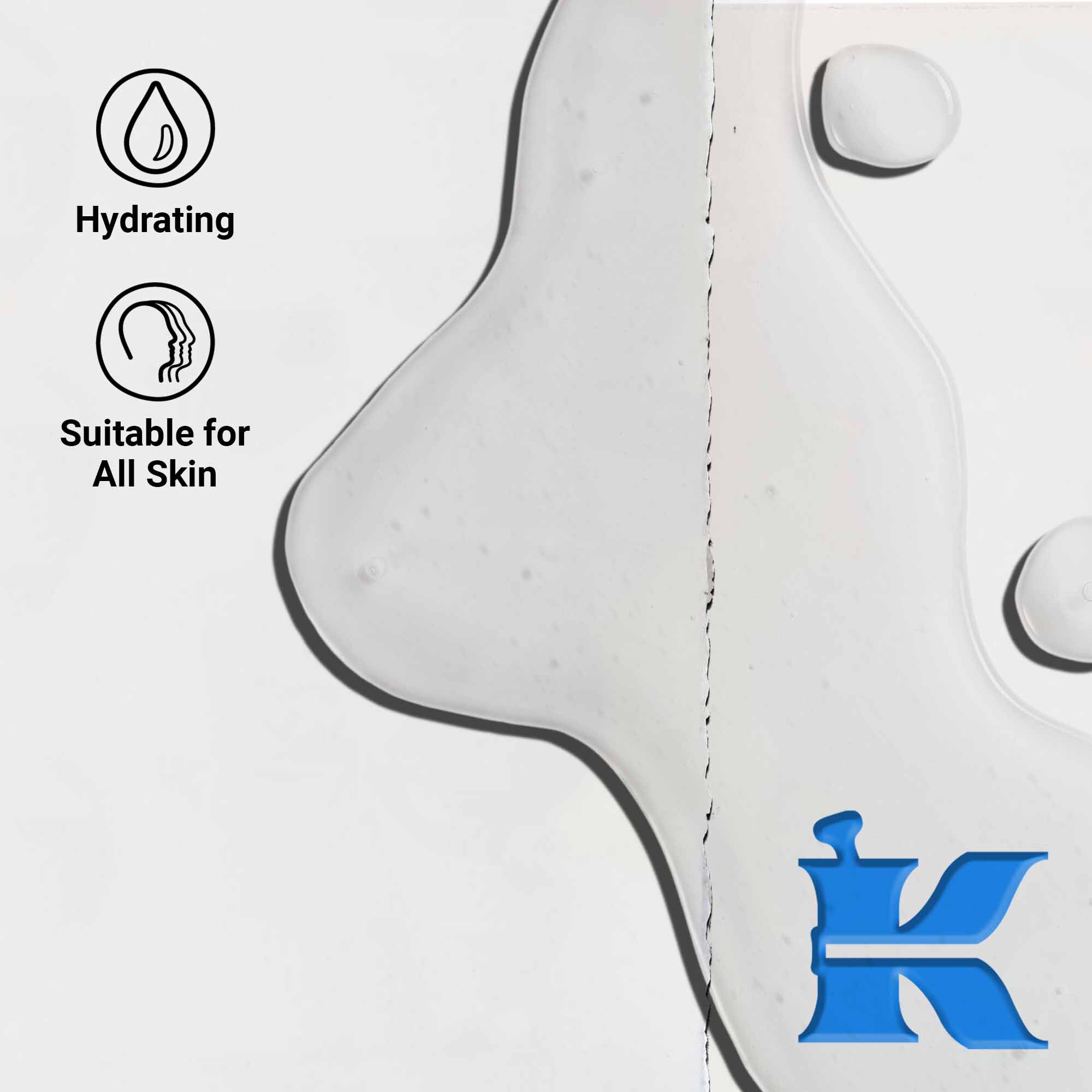 Taetbillede af Ultra Pure 1.5% Hyaluronic Acid Serum-konsistens, der viser klare vaeskedråber. Tekst fremhaever fugtgivende fordele og egnethed til alle hudtyper.