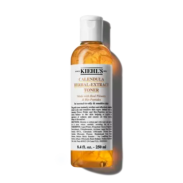 En 250 ml flaske af Kiehl's Calendula Herbal-Extract Toner med en klar vaeske og gylden nuance.