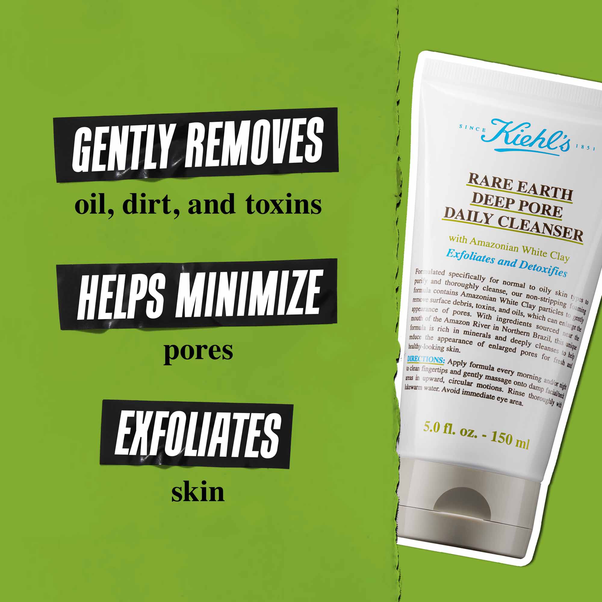 En tube Rare Earth Deep Pore Daily Cleanser mod en grøn baggrund med teksten "Fjerner skånsomt snavs, olie og toksiner. Holder porerne minimerede. Eksfolierer og dybderenser huden."