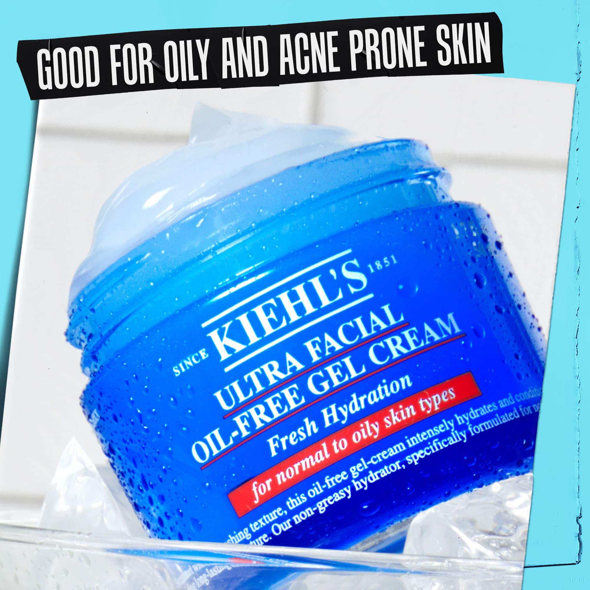 En krukke med Ultra Facial Oil-Free Gel Cream maerket "God til fedtet og akneudsat hud."