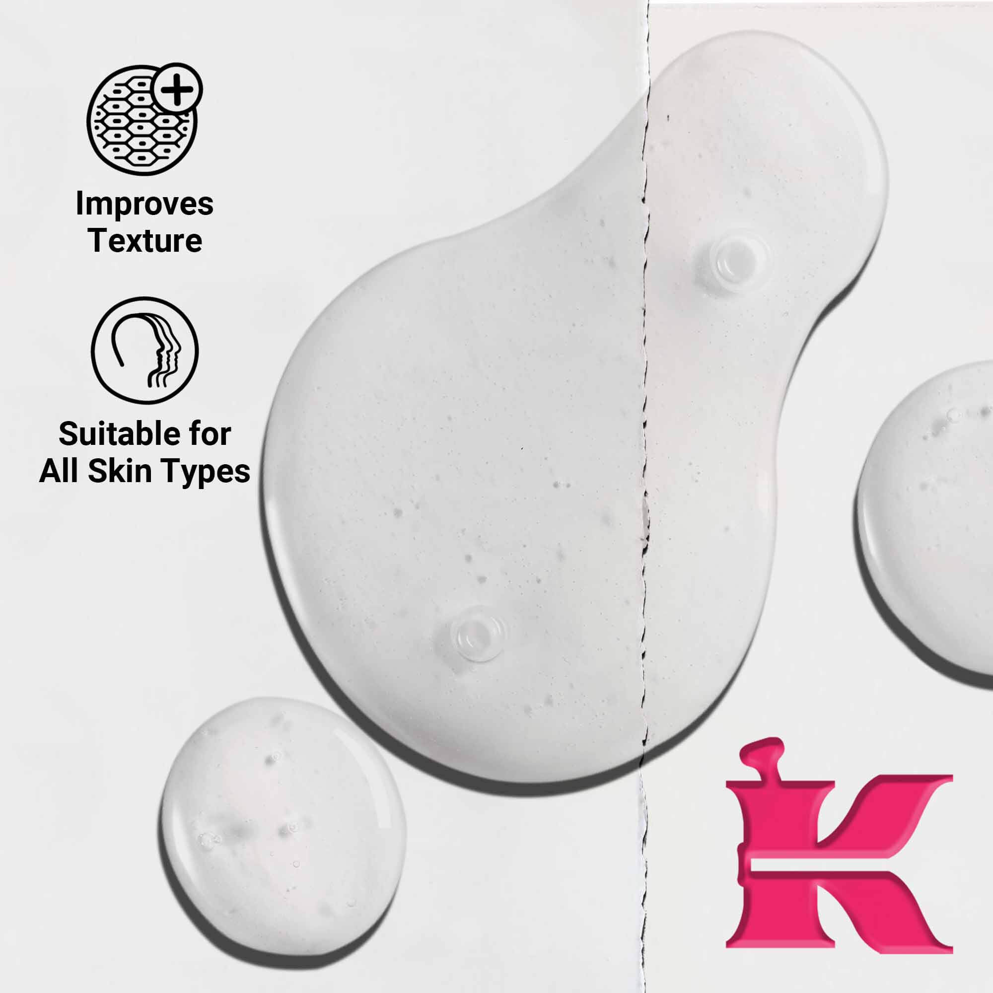 Taetbillede af Ultra Pure 9.8% Glycolic Acid Serum-konsistens, der viser klare vaeskedråber. Tekst fremhaever dens evne til at forbedre tekstur og egnethed til alle hudtyper.