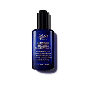 En 30 ml flaske Kiehl's Midnight Recovery Concentrate ansigtsolie mod en hvid baggrund.