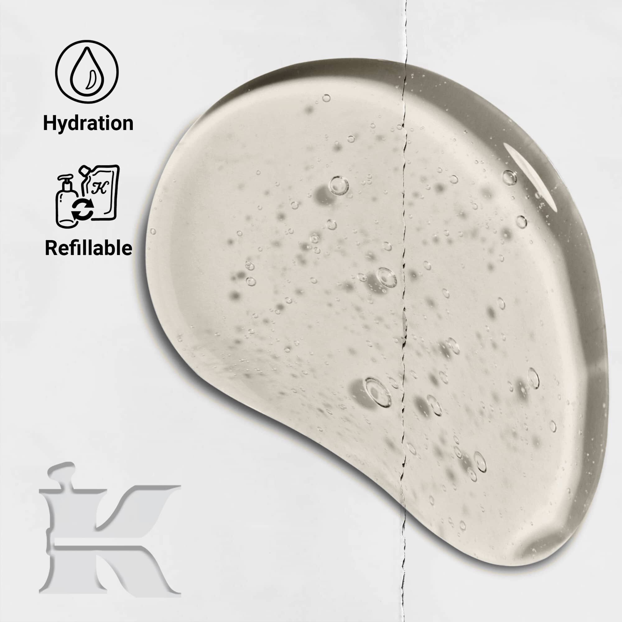 Foto af Amino Acid Shampoo-tekstur med ikoner, der viser, at den kan genopfyldes og giver fugt