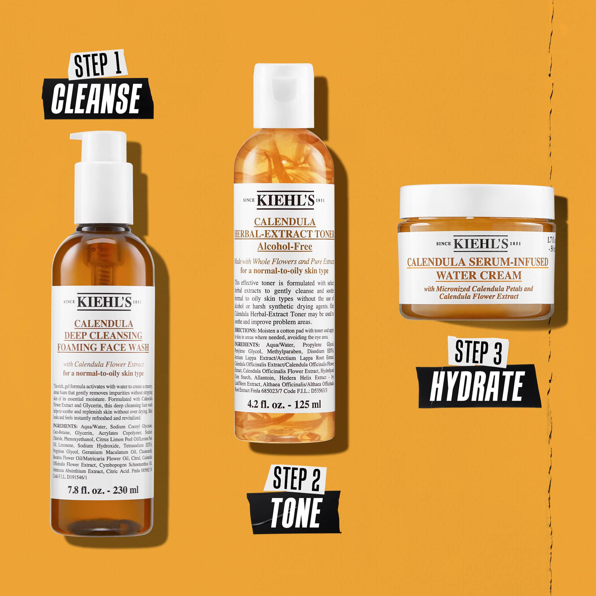 Illustration af rutine med Kiehl's Calendula Foaming Face Wash – Rens, Tone, Fugt