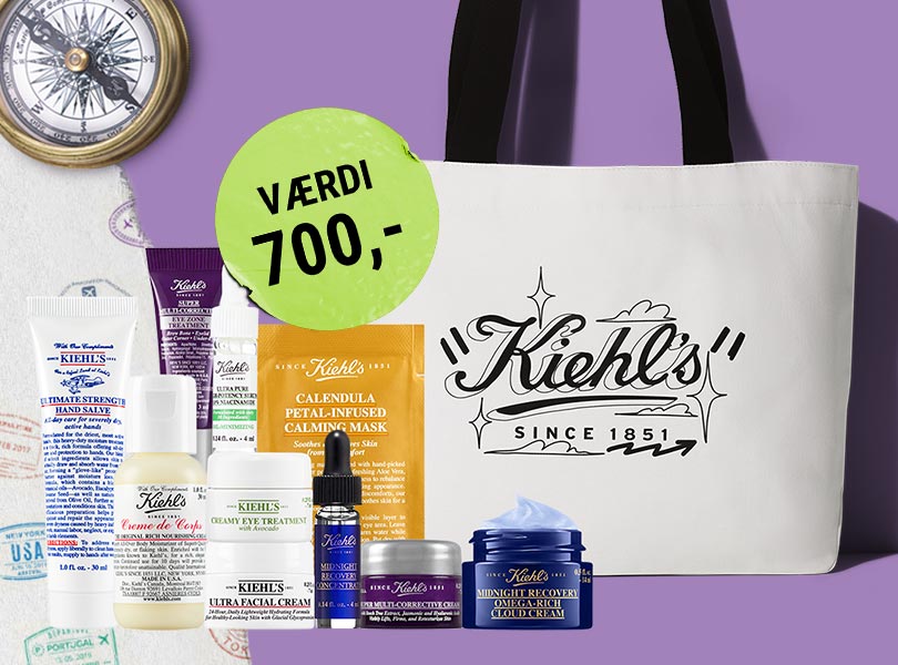 Billede med 9 produkter i rejsestørrelse fra Kiehl's, samt en goodiebag. Dette får du med i købet ordre over 1200 kr.