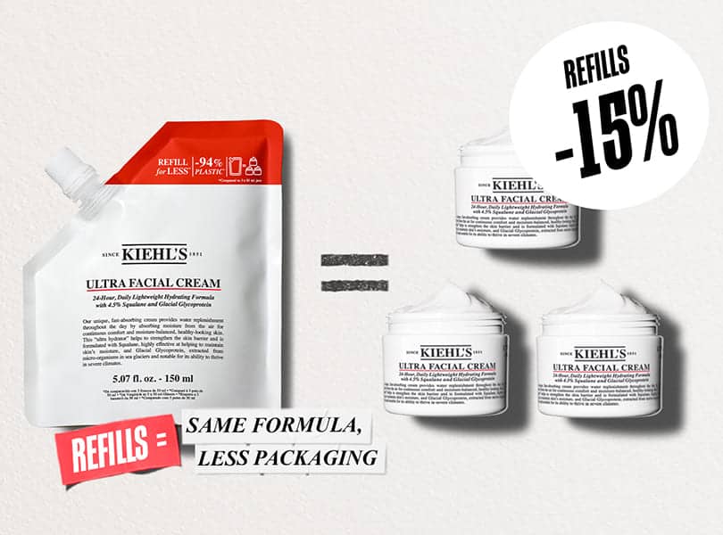 En Kiehl's Ultra Facial Cream Refill, samt 3 Ultra Facial Cream krukker. Fokus på 15% rabat og mindre brug af plastik.
