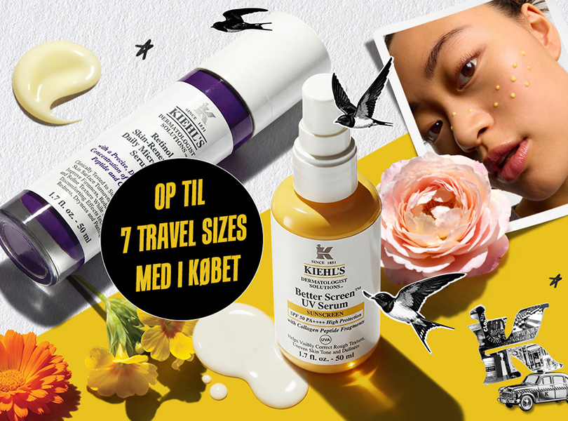 Kiehl's hudplejeprodukter på en lys gul baggrund, omgivet af blomster og illustrationer af fugle.