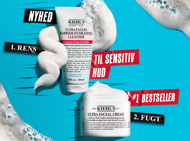 Billede med Kiehl's nyhed, Ultra Facial Barrier Cleanser, og Kiehl's bestseller, Ultra Facial Cream.