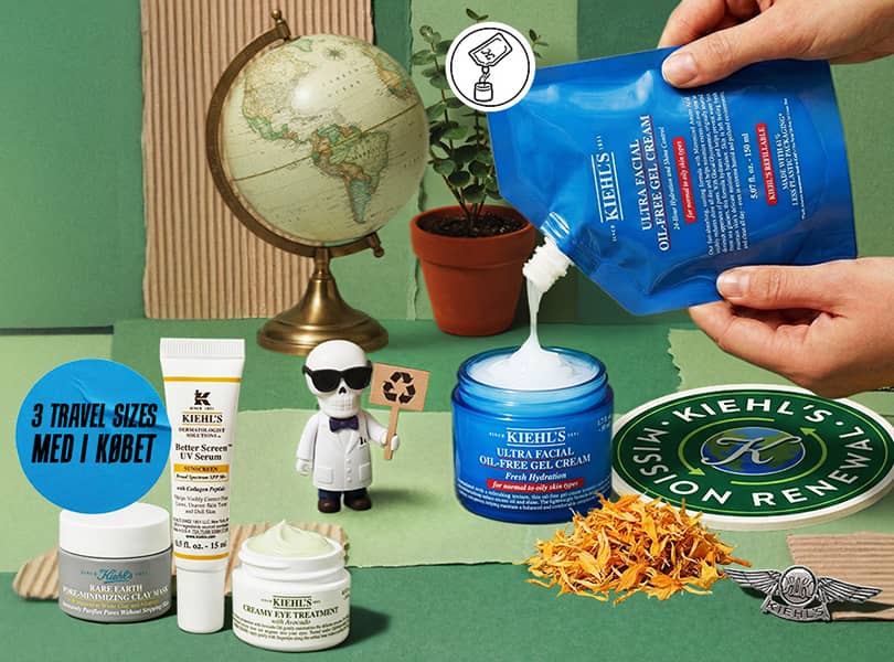 Hænder, der hælder Kiehl's Ultra Facial Oil-Free Gel Cream med andre Kiehl's hudplejeprodukter, en globus, en plante og en lille figur på grøn baggrund